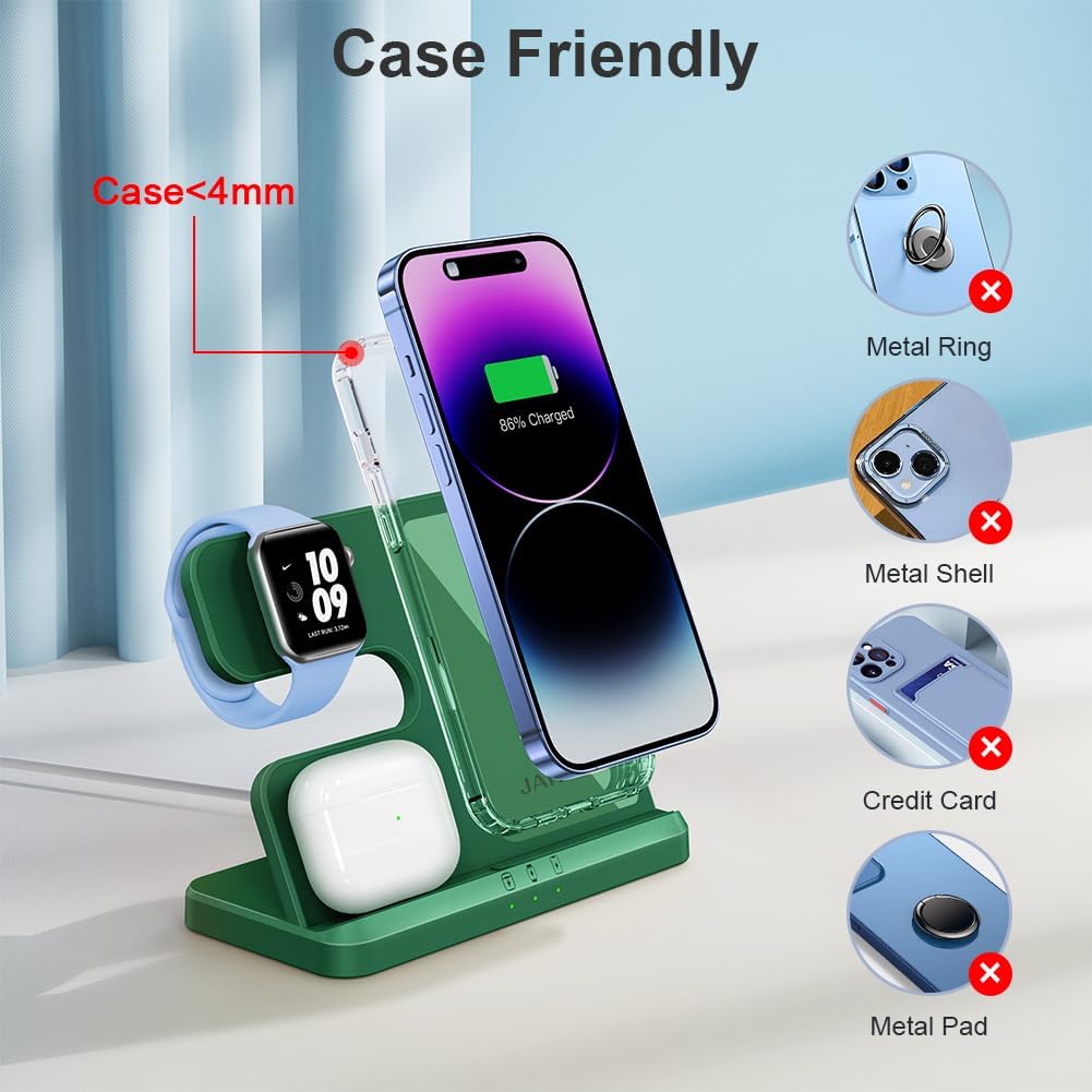 ๐ฎ๐ฌ๐ฎ๐ฏ ๐ก๐ฒ๐ JARGOU 3 in 1 Wireless Charging Station Wireless Charger for iPhone 14 13 12 11 Pro Max/X/8 Charging Station for Multiple Devices for Apple Watch for AirPods 2/3/Pro/Pro 2 Green