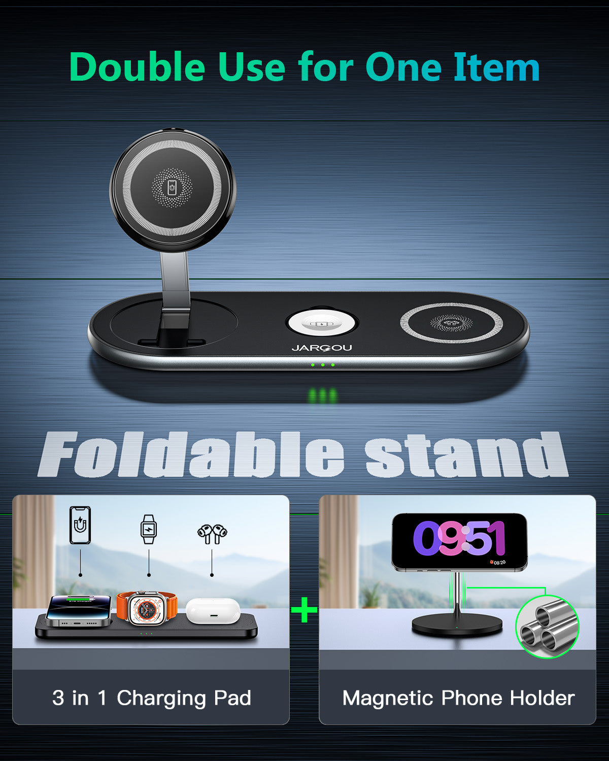 JARGOU Wireless Charger Pad, 3 in 1 Charging Station for Apple Devices, Magnetic Charger Stand for iPhone 14/13/12 Series, for Apple Watch 8/Ultra/7/6/SE/5/4/3/2, for AirPods Pro/3/2
