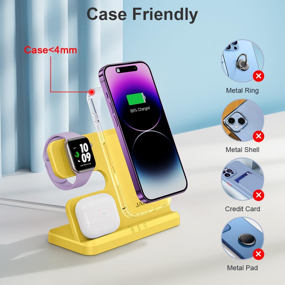 JARGOU Wireless Charging Station 3 in 1 Wireless Charger for iPhone 14 13 12 11 Pro Max/X/8 Charging Station for Multiple Devices for Apple Watch Ultra SE 8 7 6 5 4 3 2 for AirPods 2/3/Pro/Pro 2 Yellow