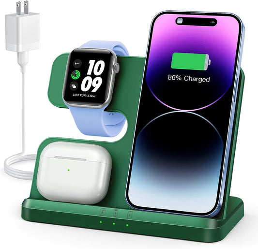 𝟮𝟬𝟮𝟯 𝗡𝗲𝘄 JARGOU 3 in 1 Wireless Charging Station Wireless Charger for iPhone 14 13 12 11 Pro Max/X/8 Charging Station for Multiple Devices for Apple Watch for AirPods 2/3/Pro/Pro 2    Green