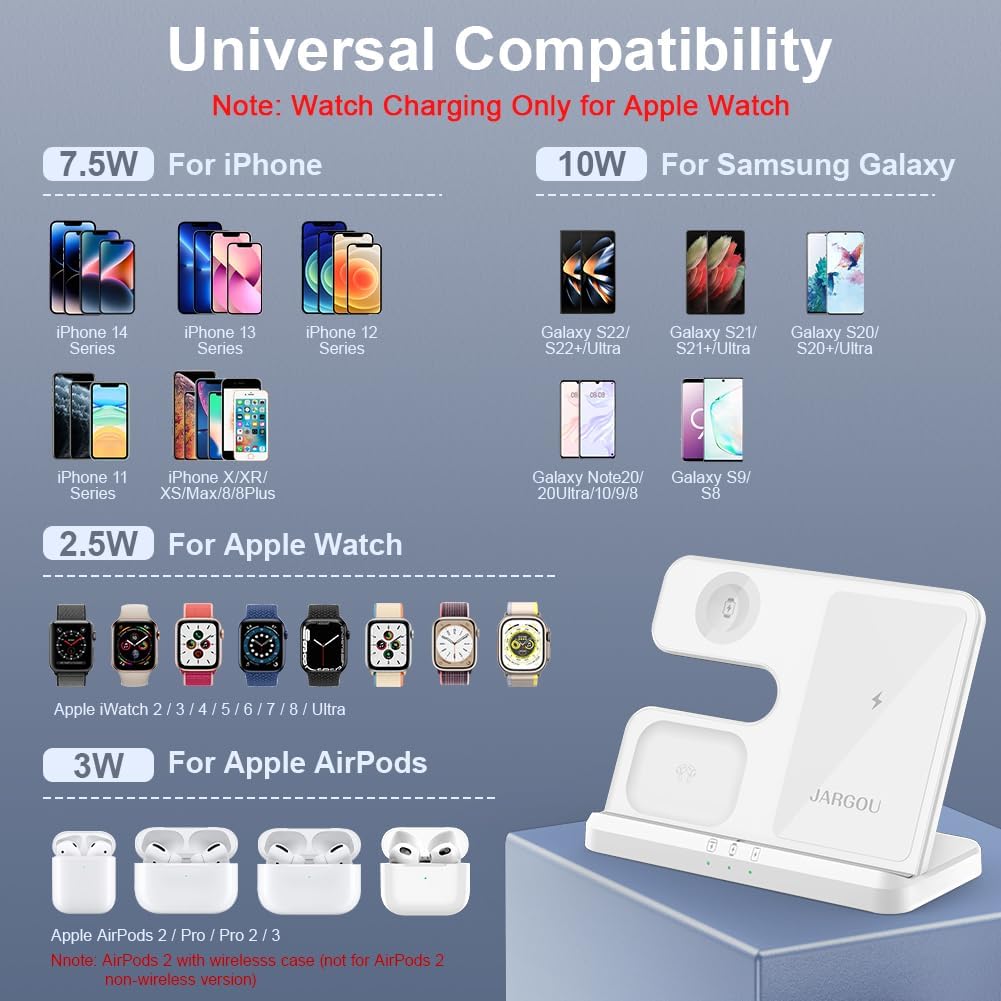 JARGOU 3 in 1 Wireless Charging Station Wireless Charger for iPhone 14 13 12 11 Pro Max/X/8 Charging Station for Apple Watch Ultra SE 8 7 6 5 4 3 2 for AirPods 2/3/Pro/Pro 2   White