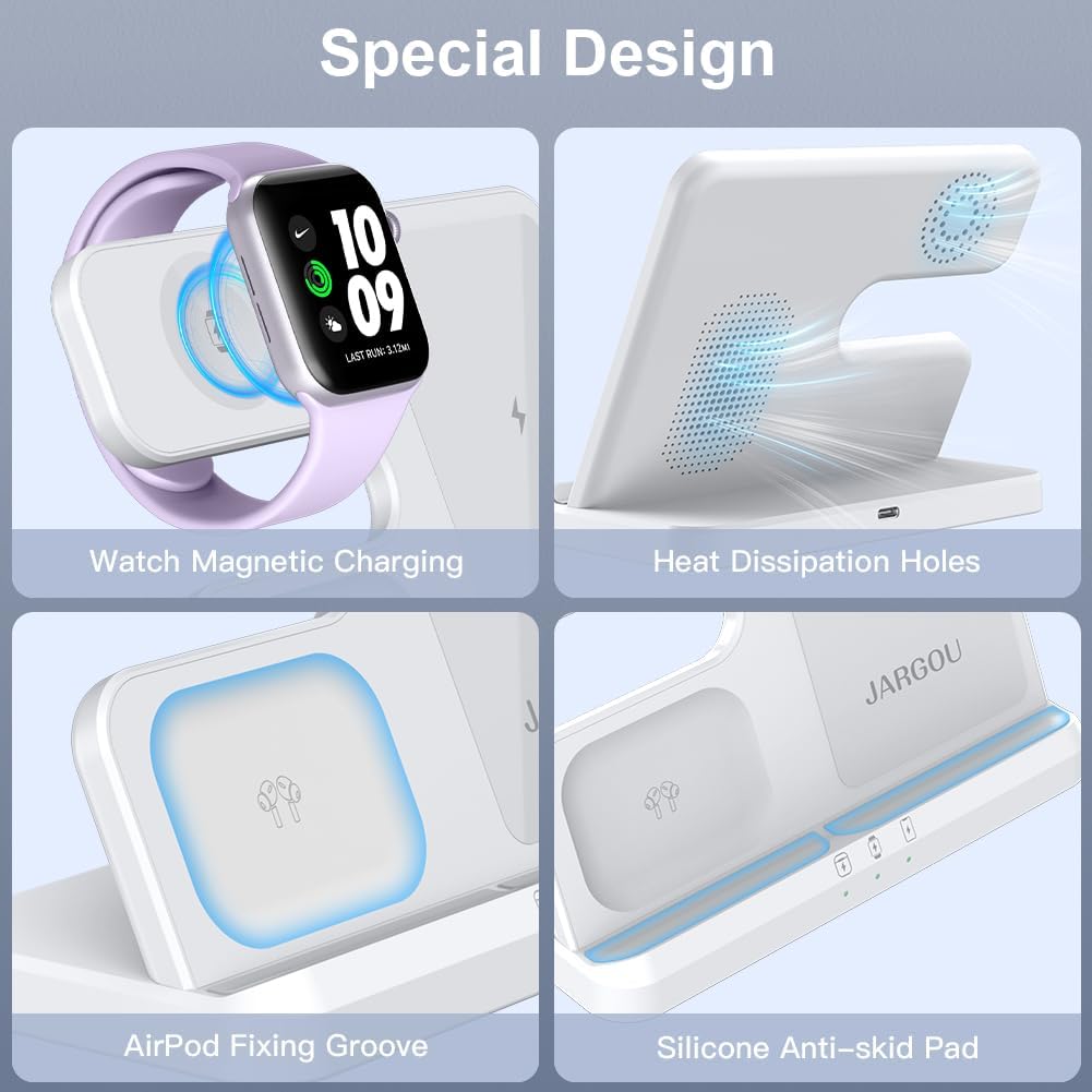 JARGOU 3 in 1 Wireless Charging Station Wireless Charger for iPhone 14 13 12 11 Pro Max/X/8 Charging Station for Apple Watch Ultra SE 8 7 6 5 4 3 2 for AirPods 2/3/Pro/Pro 2   White