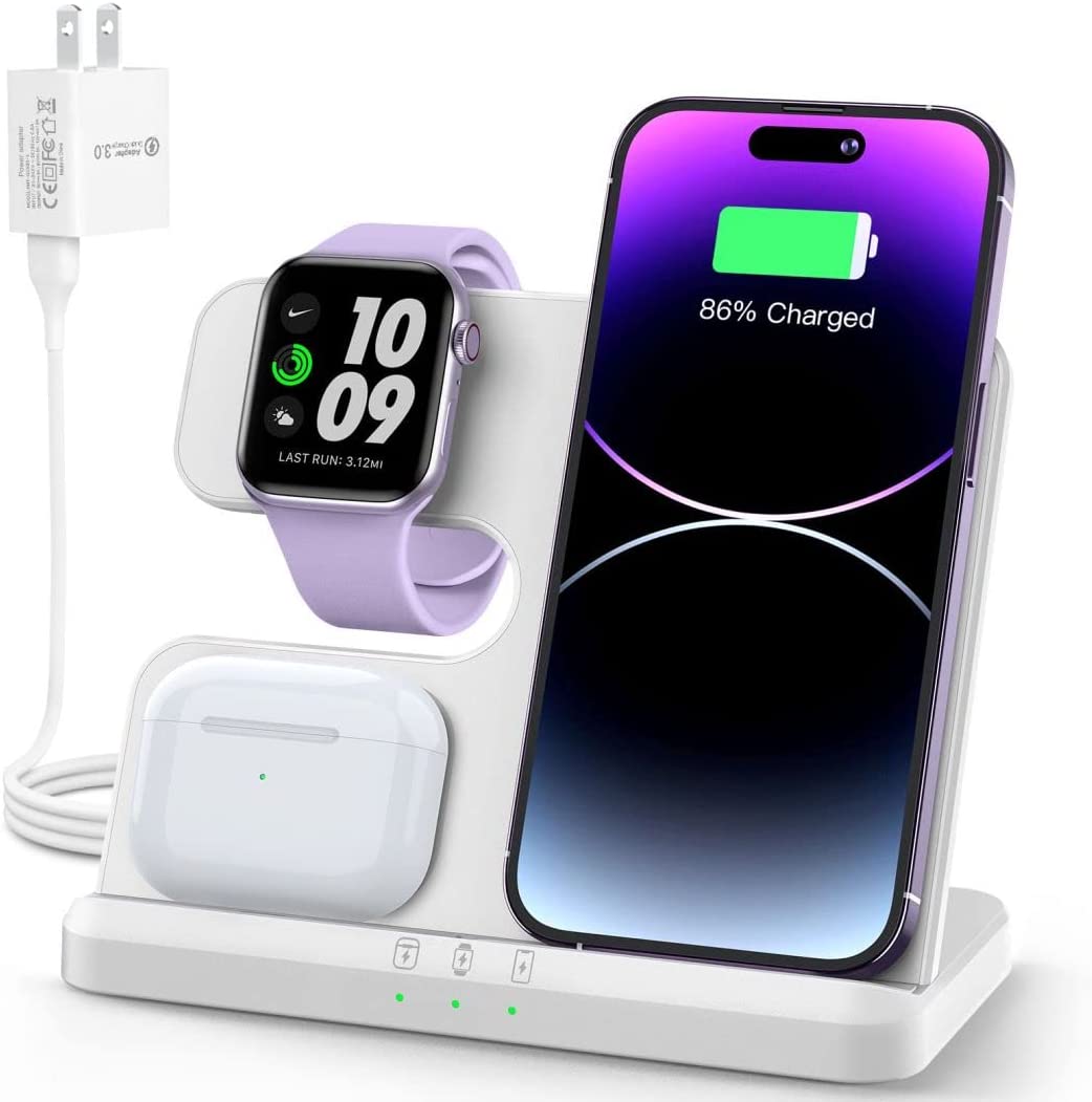 JARGOU 3 in 1 Wireless Charging Station Wireless Charger for iPhone 14 13 12 11 Pro Max/X/8 Charging Station for Apple Watch Ultra SE 8 7 6 5 4 3 2 for AirPods 2/3/Pro/Pro 2   White